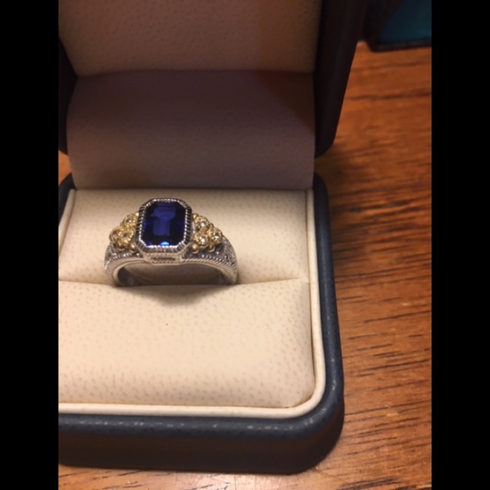 Judith Ripka 925SS/14K Blue Crystal Ring, Sz 7